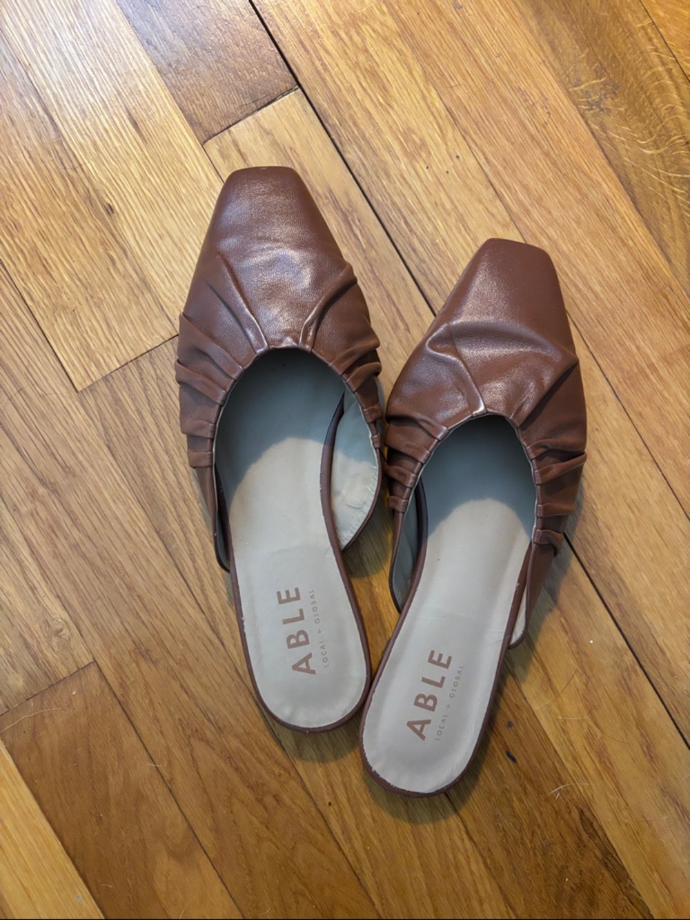 ABLE Cognac Ruched Leather Slip-On Mules